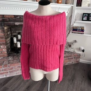 Wear it two ways! Gorgeous flamingo pink sweater. Off shoulder or cowl neck